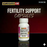 A bottle of pure Fertility Support Capsules from Seamoss Africa, used for hormonal balance, reproductive wellness, and natural vitality
