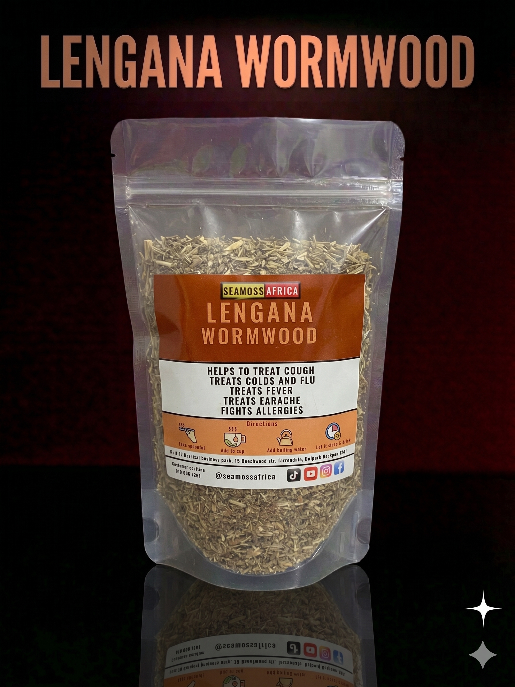 A 50g pack of premium Lengana Wormwood from Seamoss Africa, used for respiratory relief and fever support