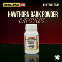 A bottle of pure Hawthorn Bark Powder 60 Capsules from Seamoss Africa, used for cardiovascular support, heart health, and natural circulatory maintenance
