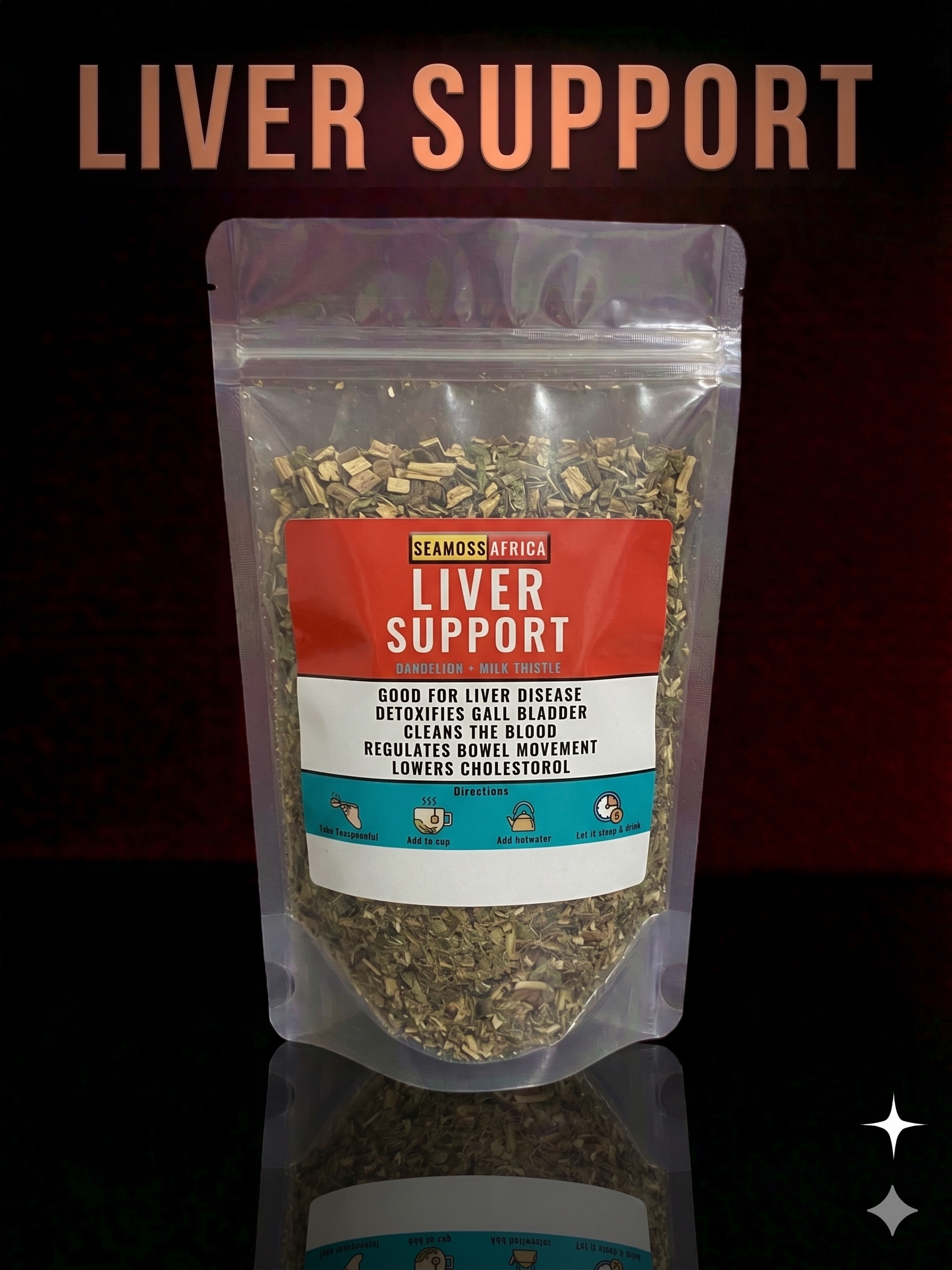 A 100g pack of Liver Support herbal blend (Milk Thistle & Dandelion) from Seamoss Africa, used for detox and blood purification.