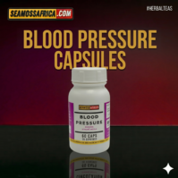 A bottle of pure Blood Pressure Capsules from Seamoss Africa, used for cardiovascular support, heart health, and natural circulatory maintenance.