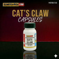 A bottle of pure Cat's Claw Capsules from Seamoss Africa, used for immune support, inflammation reduction, and joint health