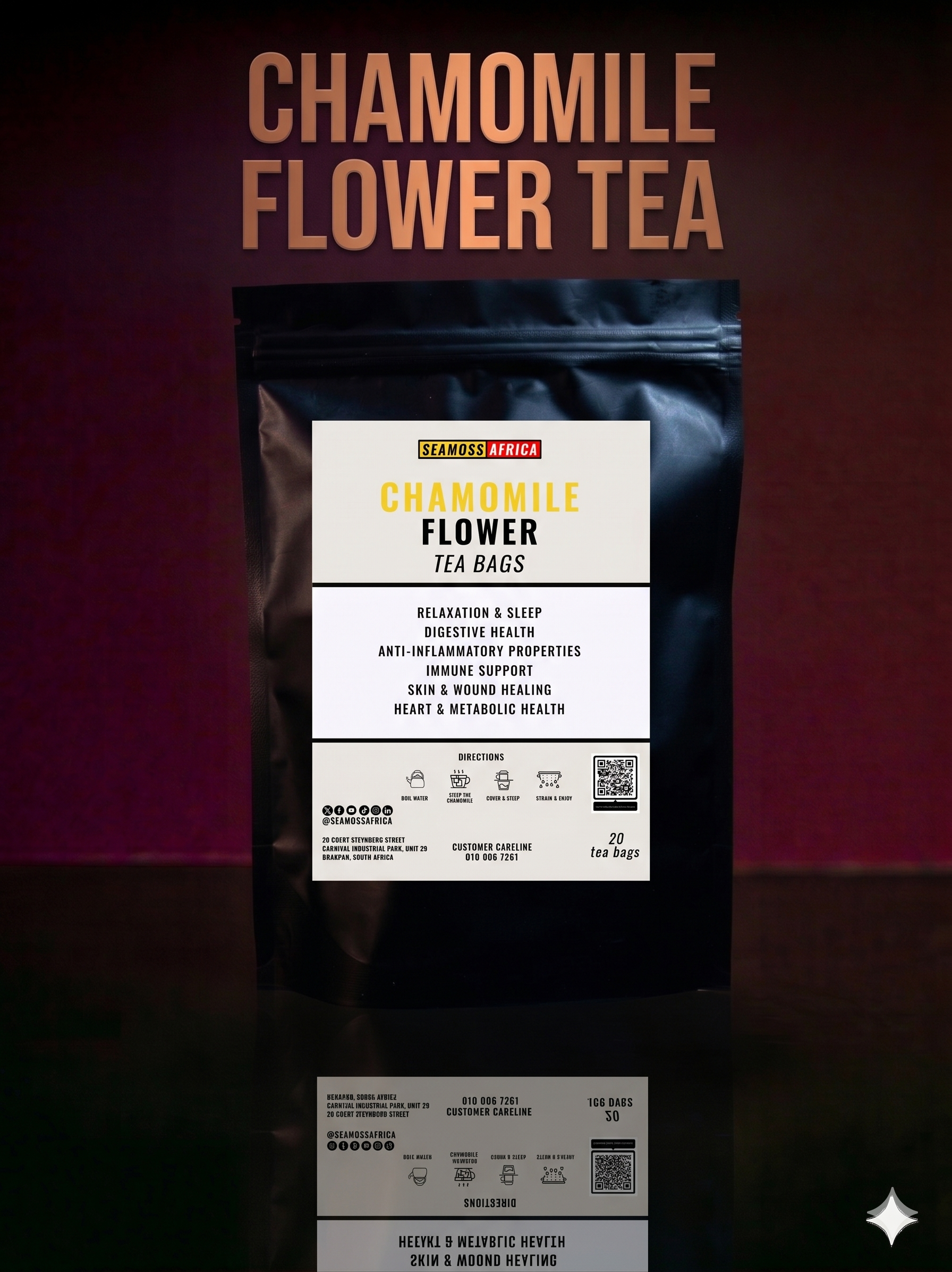 A premium box of Chamomile Tea Bags from Seamoss Africa, a natural herbal infusion for relaxation and sleep support 2026
