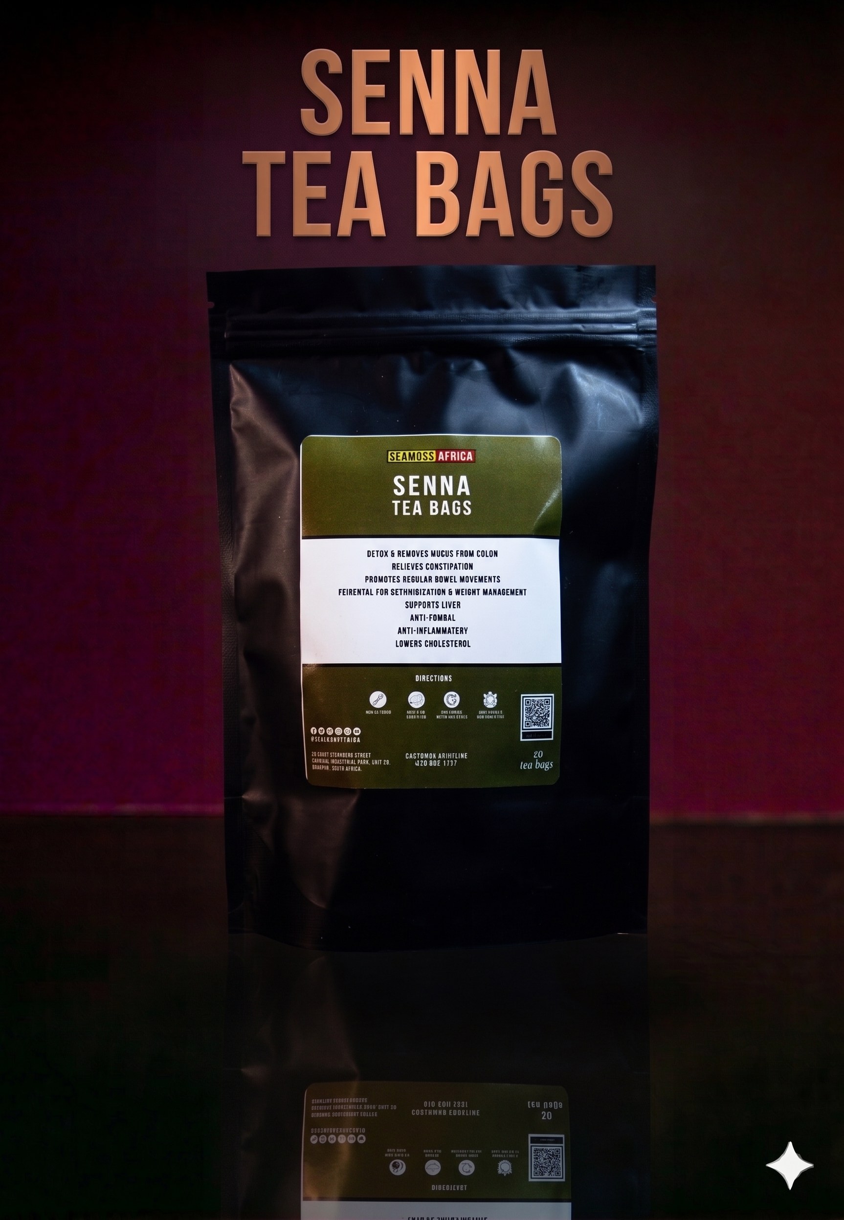 A premium box of Senna Tea Bags from Seamoss Africa, a natural herbal infusion for digestive support 2026