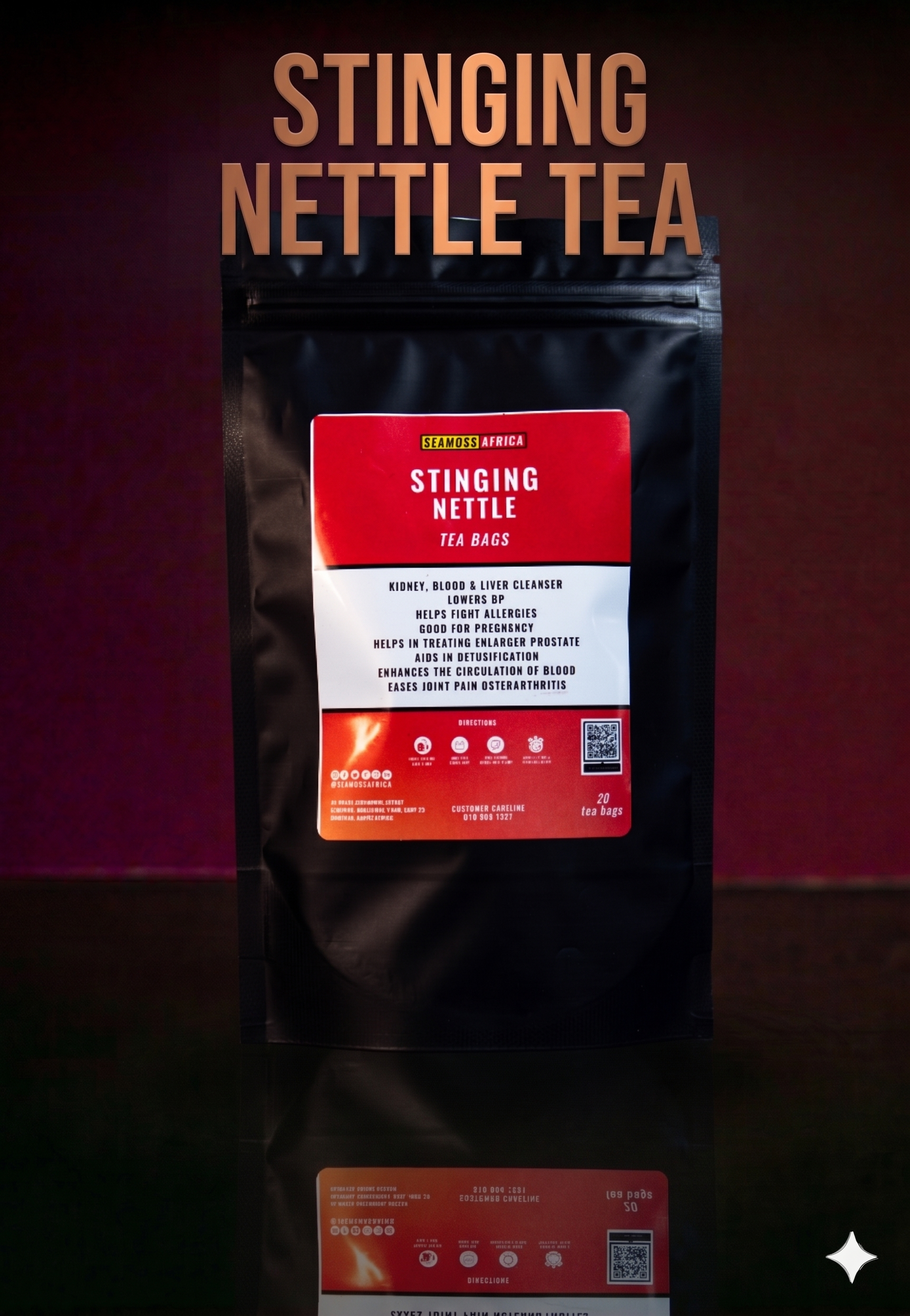A premium box of Stinging Nettle 20 Tea Bags from Seamoss Africa, a natural herbal infusion for immune support 2026