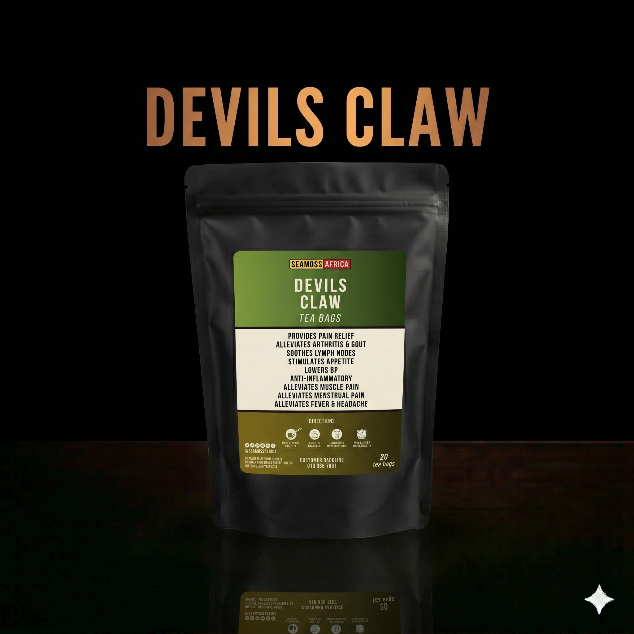 A premium box of Devil's Claw 20 Tea Bags from Seamoss Africa, designed for natural joint support 2026