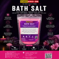 A bottle of pure Bath Salt 200g from Seamoss Africa, used for muscle relaxation and skin rejuvenation.