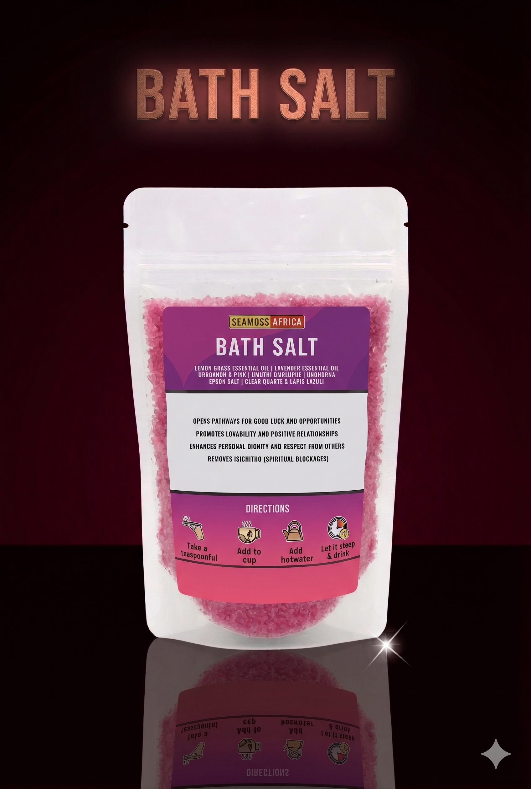 A bottle of pure Bath Salt 200g from Seamoss Africa, used for muscle relaxation and skin rejuvenation.