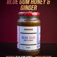 A bottle of Blue Gum Honey & Ginger 375ml from Seamoss Africa, used for traditional digestive support and daily vitality.