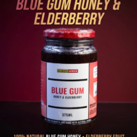 A bottle of Blue Gum Honey & Elderberry 375ml from Seamoss Africa, used for traditional respiratory support and immune health