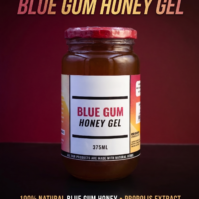 A bottle of Blue Gum Honey 375ml from Seamoss Africa, used for traditional respiratory support and immune health
