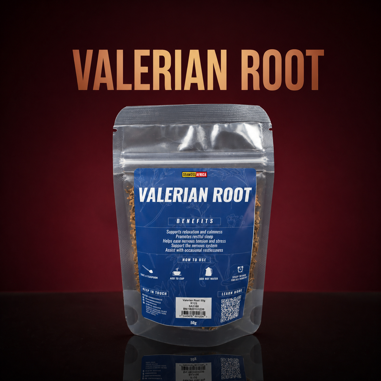 A 50g pack of premium Valerian Root from Seamoss Africa, used for sleep support and anxiety relief.