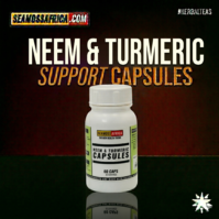 A bottle of pure Neem & Turmeric Capsules from Seamoss Africa, used for immune support, inflammation reduction, and skin health