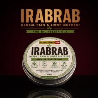 A jar of pure Irabrab Herbal Pain & Joint Ointment from Seamoss Africa, used for muscle discomfort, joint stiffness, and targeted pain relief.