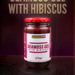 A bottle of pure Seamoss Gel with Hibiscus from Seamoss Africa, used for heart health, immune support, and natural skin radiance.