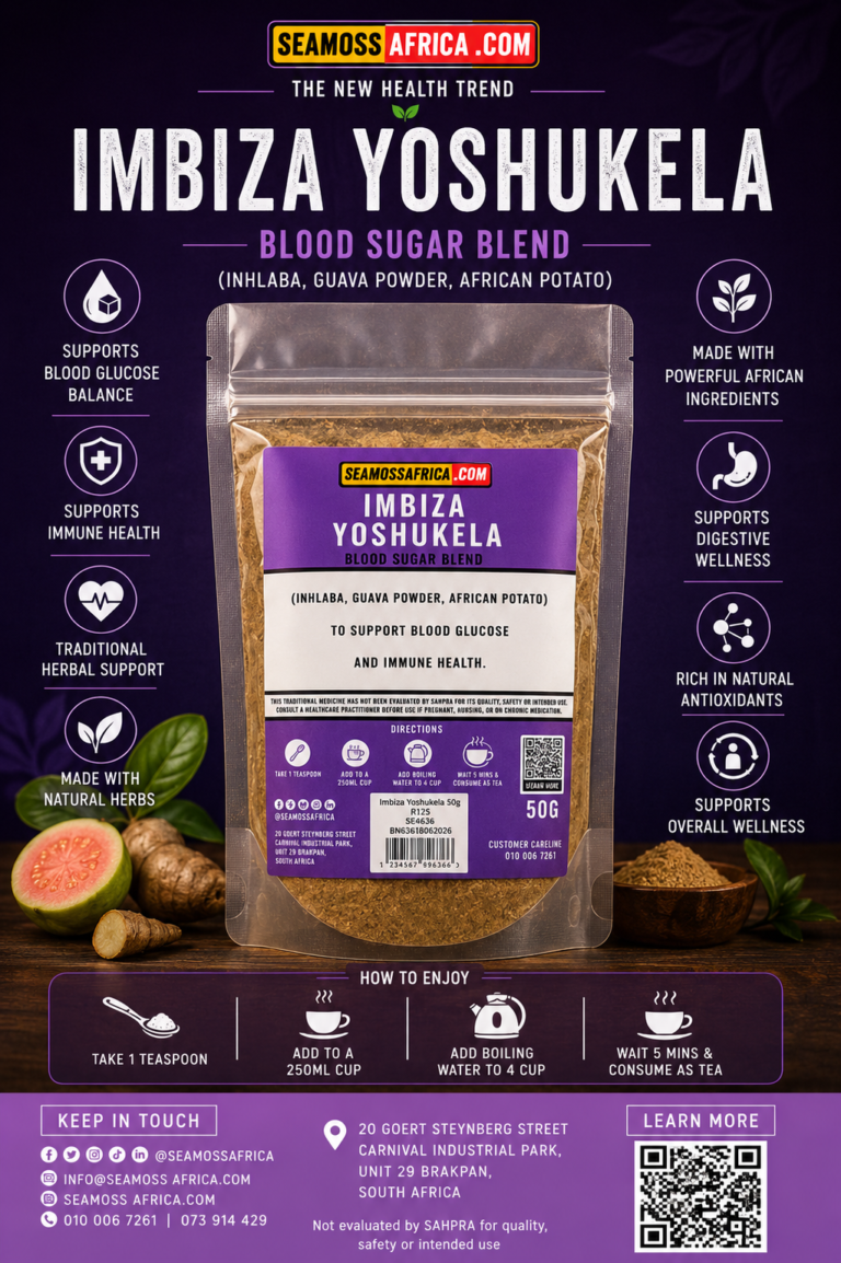 A pack of pure Imbiza Yoshukela from Seamoss Africa, used for blood sugar support, immune health, and traditional metabolic balance.