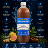 A bottle of pure Imbiza Yamalumbo Detox Tonic from Seamoss Africa, used for deep-cleansing the blood, flushing daily toxins, and restoring digestive health.