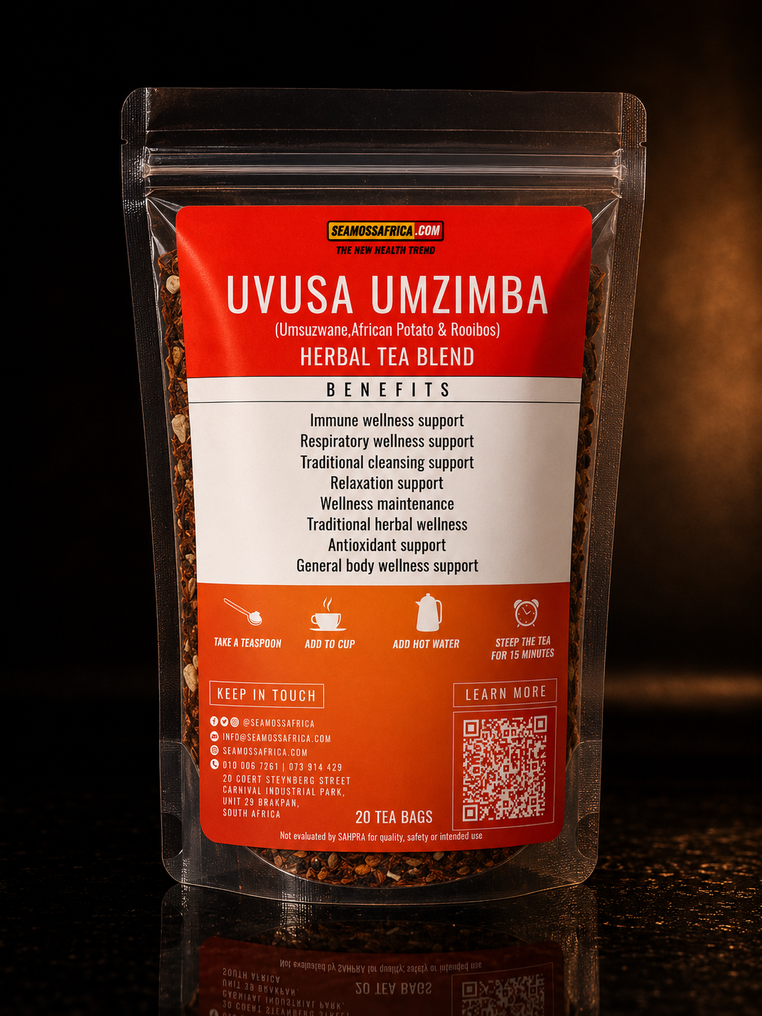 A bottle of pure Uvusa Umzimba 20 Tea Bags from Seamoss Africa, used for full body revitalization, metabolic support, and systemic wellness recovery.